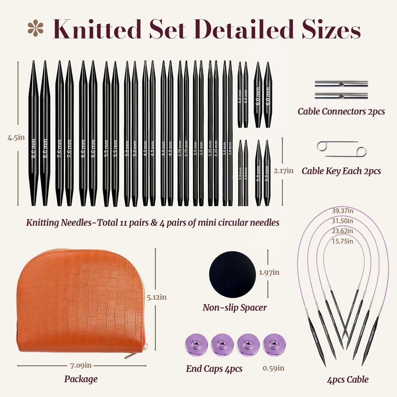 Yarniss 15 Pairs Circular Knitting Needle Combo, 4.5-Inch Round Knitting Needle 3.0~8.0mm, 2.16-Inch Shorties Needles US Size 2.5-10, Interchangeable Aluminum Cable Needles with Case - Image 2